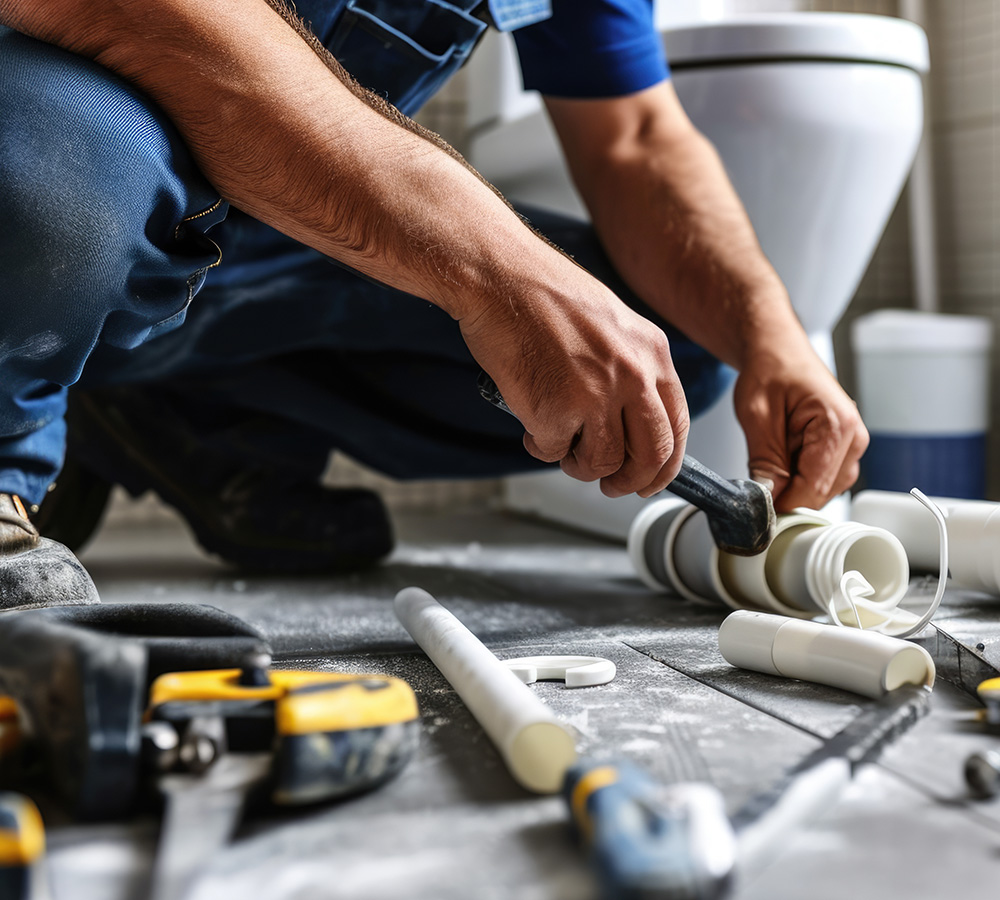 Plumber at work, fitting pipes on a bathroom floor with various plumbing tools